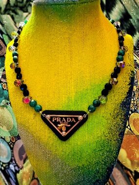 Black Triangle Logo Pendant Beaded Necklace - Black & Green